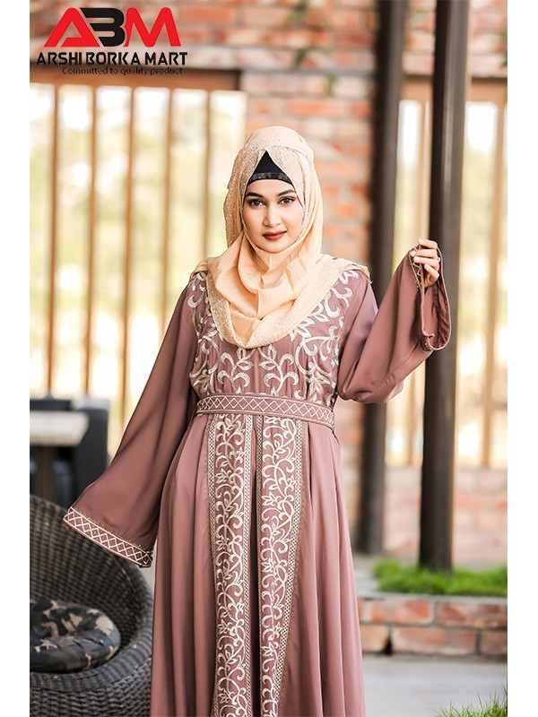 Light Coffee Embro Design Attach Koti Borka With Belt
