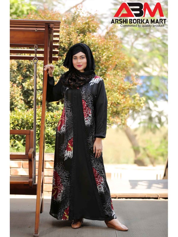 Black Printed Attach Koti Style Borka