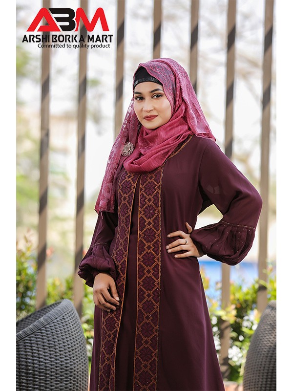 Maroon  Embro Design Attach Koti Borka