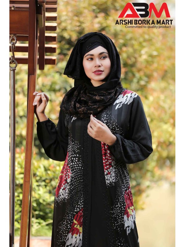 Black Printed Attach Koti Style Borka